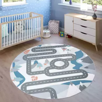 Детский ковер Paco Home "Bino 574", круглый, короткий ворс, ковер для уличных игр, типпис и лес, детская комната 160 см, цвет creme