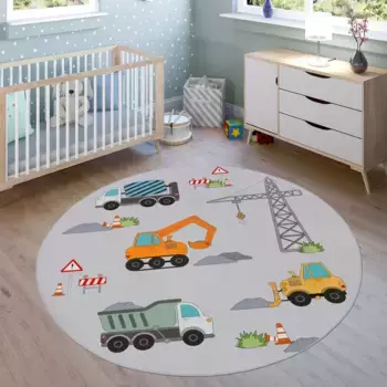 Детский ковер Paco Home "Bino 579", круглый, игровой коврик, мотив "Машины и стройки", детская комната 200 см, серый