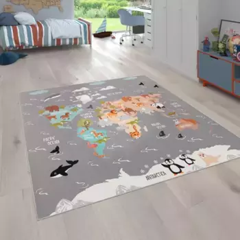 Детский ковер Paco Home "Bino 581", прямоугольный, игровой коврик, карта мира и мотив животных, детская комната 160х220 см, серый
