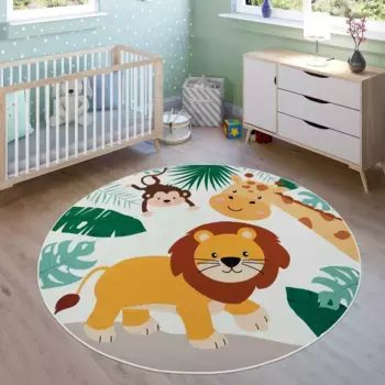 Детский ковер Paco Home "Bino 582", круглый, игровой коврик, животный мотив, лев и жираф, детская комната 200 см, бежевый