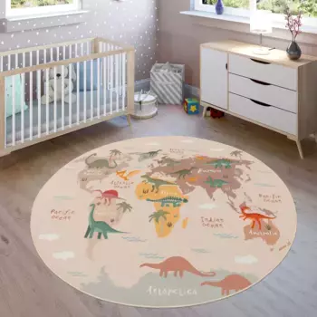 Детский ковер Paco Home "Bino 583", круглый, игровой коврик, карта мира и мотив динозавра, детская комната 200 см, бежевый