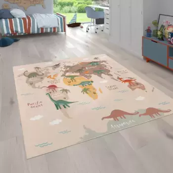 Детский ковер Paco Home "Bino 583", прямоугольный, игровой коврик, карта мира и мотив динозавра, детская комната 100х200 см, бежевый