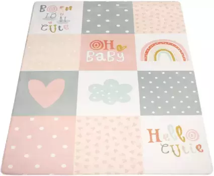 Детский ковер Paco Home "Chicos 554", прямоугольный, плоского плетения, с надписями и радугой или звездами, пастельные тона 80х150 см, розовый