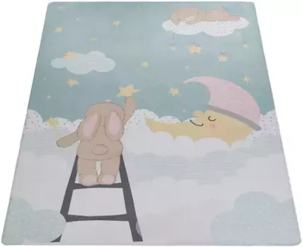 Детский ковер Paco Home "Chicos 563", прямоугольный, плоского плетения, игровой коврик, лунный мотив, детская комната 80х150 см, бирюзовый