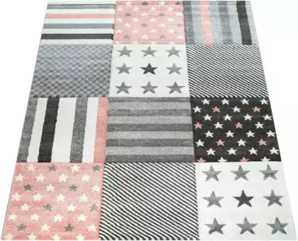 Детский ковер Paco Home "Cosmo 217", прямоугольный, 3D дизайн, лоскутный узор, мотив звезд и полос, детская комната 160х230 см, розовый