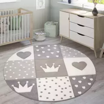 Детский ковер Paco Home "Cosmo 339", круглый, короткий ворс, пастельные тона, 3D-эффект, мотив сердца, точек и короны 120 см, бежевый