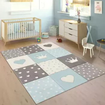 Детский ковер Paco Home "Cosmo 339", прямоугольный, короткий ворс, пастельные тона, 3D-эффект, мотив сердца, точек и короны 120х170 см, синий