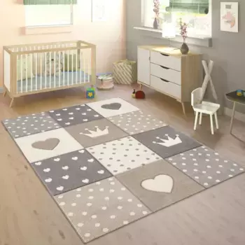 Детский ковер Paco Home "Cosmo 339", прямоугольный, короткий ворс, пастельные тона, 3D-эффект, мотив сердца, точек и короны 160х230 см, бежевый