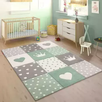 Детский ковер Paco Home "Cosmo 339", прямоугольный, короткий ворс, пастельные тона, 3D-эффект, мотив сердца, точек и короны 240х340 см, зеленый