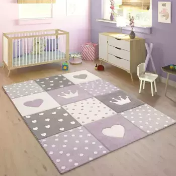 Детский ковер Paco Home "Cosmo 339", прямоугольный, короткий ворс, пастельные тона, 3D-эффект, мотив сердца, точек и короны 240х340 см, цвет lila
