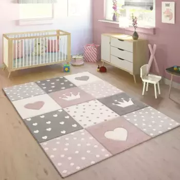 Детский ковер Paco Home "Cosmo 339", прямоугольный, короткий ворс, пастельные тона, 3D-эффект, мотив сердца, точек и короны 133х133 см, розовый