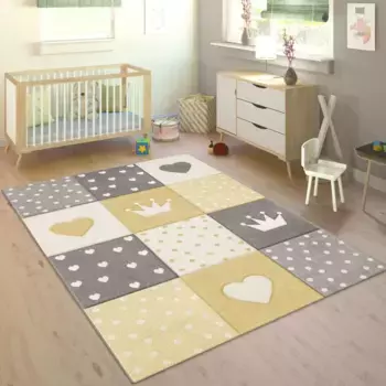 Детский ковер Paco Home "Cosmo 339", прямоугольный, короткий ворс, пастельные тона, 3D-эффект, мотив сердца, точек и короны 240х340 см, цвет gelb