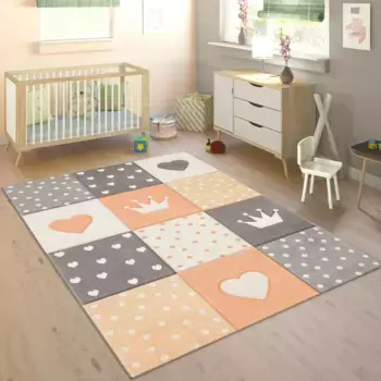 Детский ковер Paco Home "Cosmo 339", прямоугольный, короткий ворс, пастельные тона, 3D-эффект, мотив сердца, точек и короны 200х290 см, цвет apricot