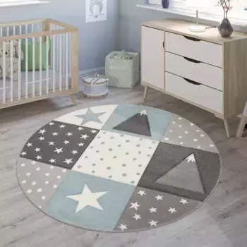 Детский ковер Paco Home "Cosmo 340", круглый, короткий ворс, пастельные тона, 3D-эффект, мотив горы, точки и звезды 160 см, синий