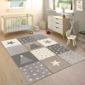 Детский ковер Paco Home "Cosmo 340", прямоугольный, короткий ворс, пастельные тона, 3D-эффект, мотив горы, точки и звезды 160х230 см, бежевый