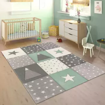 Детский ковер Paco Home "Cosmo 340", прямоугольный, короткий ворс, пастельные тона, 3D-эффект, мотив горы, точки и звезды 133х133 см, зеленый
