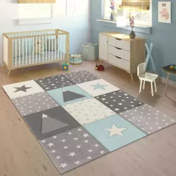 Детский ковер Paco Home "Cosmo 340", прямоугольный, короткий ворс, пастельные тона, 3D-эффект, мотив горы, точки и звезды 133х133 см, синий