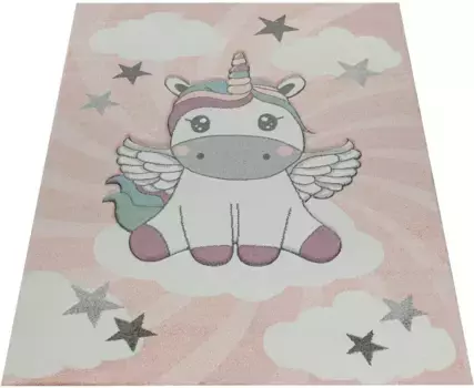 Детский ковер Paco Home "Cosmo 395", прямоугольный, 3D-дизайн, милый мотив единорога, пастельные тона, детская комната 80х150 см, розовый