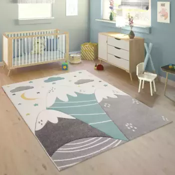 Детский ковер Paco Home "Cosmo 707", прямоугольный, 3D-дизайн, милый мотив "горы и звезды", пастельные тона 140х200 см, цвет creme