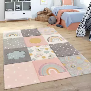 Детский ковер Paco Home "Cosmo 962", прямоугольный, 3D-дизайн, узор в стиле пэчворк, мотив радуги и точек, пастельные тона 240х340 см, цвет mehrfarbig