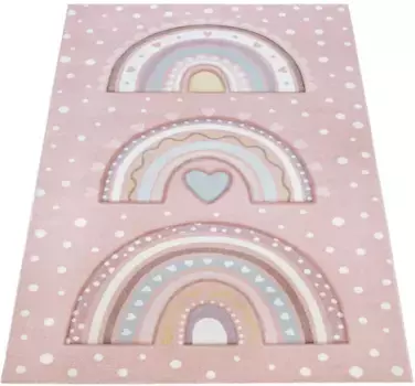 Детский ковер Paco Home "Cosmo 964", прямоугольный, игровой коврик, короткий ворс с 3D-эффектом, пунктир, радужный мотив 133х133 см, розовый