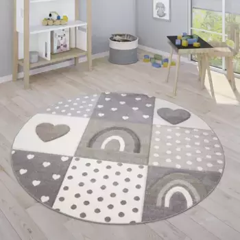 Детский ковер Paco Home "Cosmos 349", круглый, короткий ворс, клетка, 3D-эффект, мотив радуга, сердце и точки 120 см, бежевый