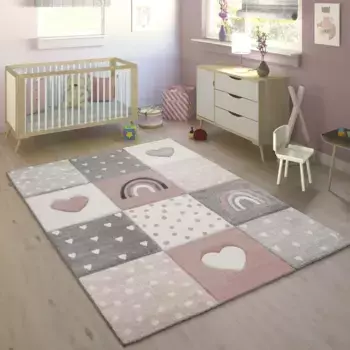 Детский ковер Paco Home "Cosmos 349", прямоугольный, короткий ворс, клетка, 3D-эффект, радужный мотив, сердце и точки 240х340 см, розовый