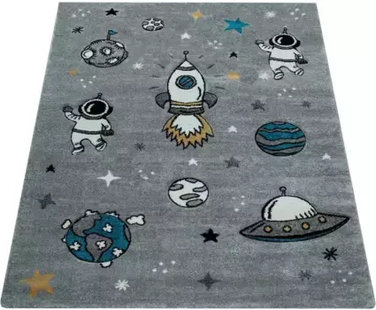 Детский ковер Paco Home "Diamond 100", прямоугольный, 3D дизайн, космический мотив, ракета и космонавт, детская комната 200х290 см, серый