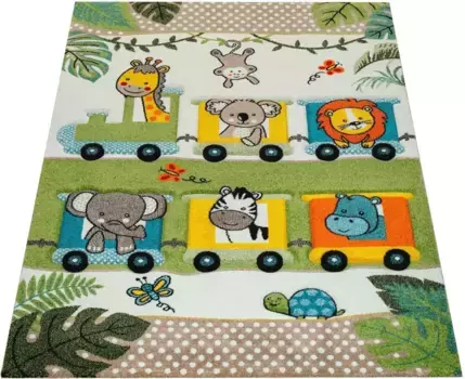 Детский ковер Paco Home "Diamond 635", прямоугольный, 3D дизайн, мотив игривых животных зоопарка в поезде, детская комната 140х200 см, зеленый