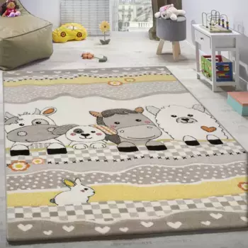 Детский ковер Paco Home "Diamond 639", прямоугольный, короткий ворс, 3D-дизайн, мотив сельскохозяйственных животных, детская комната 160х230 см, бежевый