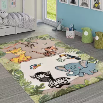 Детский ковер Paco Home "Diamond 644", круглый, высота 18 мм, короткий ворс, 3D-дизайн, мотив животных джунглей, детская комната, бежевый
