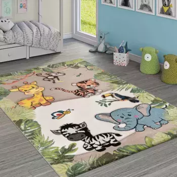 Детский ковер Paco Home "Diamond 644", прямоугольный, 3D-дизайн, мотив животных джунглей, детская комната 120х170 см, бежевый