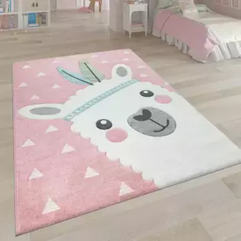 Детский ковер Paco Home "Ela 214", прямоугольный, 3D дизайн, мотив ламы, пастельные тона, детская комната 160х230 см, розовый