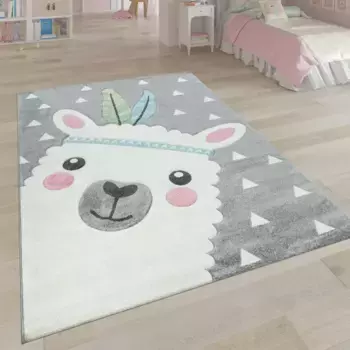 Детский ковер Paco Home "Ela 214", прямоугольный, 3D дизайн, мотив ламы, пастельные тона, детская комната 133х133 см, серый