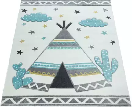 Детский ковер Paco Home "Ela 215", прямоугольный, короткий ворс, 3D-дизайн, палатка, мотив облаков и звезд, детская комната 133х133 см, цвет creme