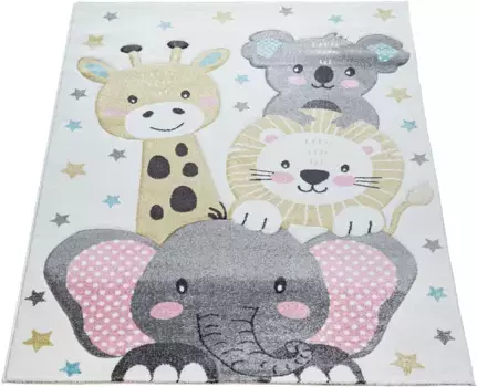Детский ковер Paco Home "Ela 217", прямоугольный, короткий ворс, 3D-дизайн, мотив животных и звезд, детская комната 80х150 см, цвет creme