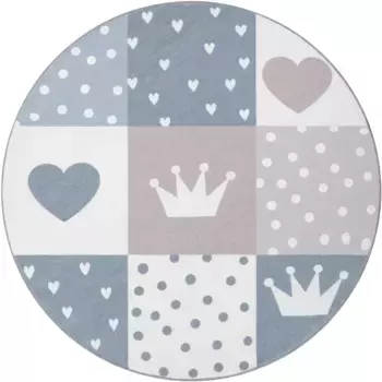 Детский ковер Paco Home "Eliz 391", круглый, короткий ворс, игровой коврик, узор в стиле пэчворк, мотив короны, сердце и точки 120 см, бежевый