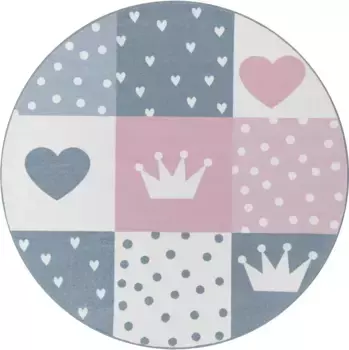 Детский ковер Paco Home "Eliz 391", круглый, короткий ворс, игровой коврик, узор в стиле пэчворк, мотив короны, сердце и точки 120 см, розовый