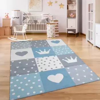 Детский ковер Paco Home "Eliz 391", круглый, короткий ворс, игровой коврик, узор в стиле пэчворк, мотив короны, сердце и точки 160 см, синий