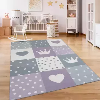 Детский ковер Paco Home "Eliz 391", прямоугольный, короткий ворс, игровой коврик, узор в стиле пэчворк, мотив короны, сердечек и точек 140х200 см, цвет Lila