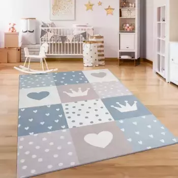 Детский ковер Paco Home "Eliz 391", прямоугольный, короткий ворс, игровой коврик, узор в стиле пэчворк, мотив короны, сердечек и точек 240х340 см, бежевый