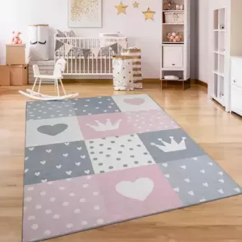 Детский ковер Paco Home "Eliz 391", прямоугольный, короткий ворс, игровой коврик, узор в стиле пэчворк, мотив короны, сердечек и точек 120х160 см, розовый