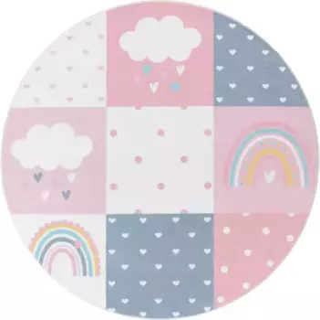 Детский ковер Paco Home "Eliz 396", круглый, игровой коврик, узор в стиле пэчворк, мотив радуги, облаков и сердечек 160 см, розовый