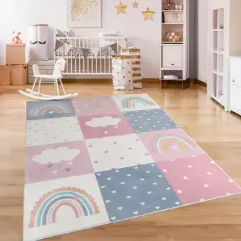 Детский ковер Paco Home "Eliz 396", прямоугольный, игровой коврик, узор пэчворк, радуга, облако, мотив сердца 160х220 см, розовый