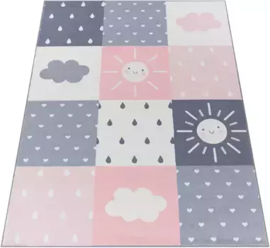Детский ковер Paco Home "Элиз 393", прямоугольный, короткий ворс, игровой коврик, лоскутный узор, солнце, облака, мотив сердца 240х340 см, розовый