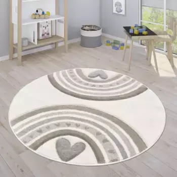 Детский ковер Paco Home "Космос 351", круглый, короткий ворс, игровой коврик, мотив радуги и сердца, детская комната 160 см, бежевый