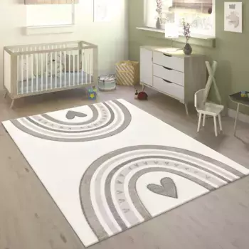 Детский ковер Paco Home "Космос 351", прямоугольный, короткий ворс, игровой коврик, мотив радуги и сердца, детская комната 160х230 см, бежевый