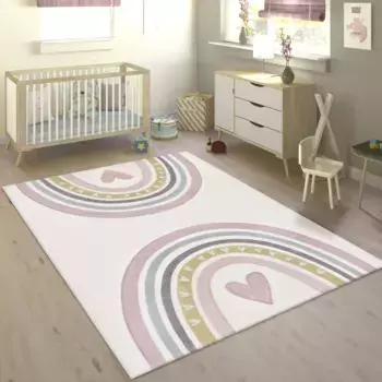 Детский ковер Paco Home "Космос 351", прямоугольный, короткий ворс, игровой коврик, мотив радуги и сердца, детская комната 160х230 см, розовый