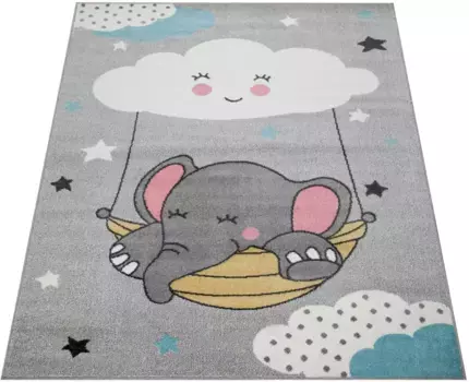 Детский ковер Paco Home "Nino 881", прямоугольный, игровой коврик, короткий ворс, мотив облака, звезд и слонов, детская комната 160х220 см, серый