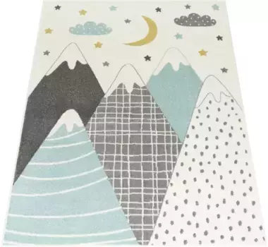 Детский ковер Paco Home "Nino 886", прямоугольный, короткий ворс, игровой коврик, мотив "горы и звезды", пастельные тона 120х160 см, синий